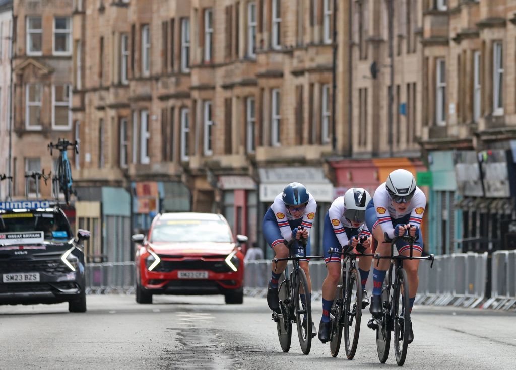 Riders from Great Britain take part in the Team Time Trial Mixed Relay road race during the UCI Cycling World Championships in Glasgow Scotland on August 8 2023 Photo by Adrian DENNIS AFP Photo by ADRIAN DENNISAFP via Getty Images