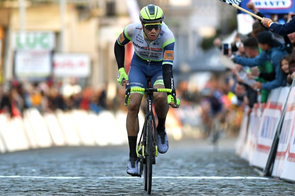 BINCHE BELGIUM OCTOBER 05 Danny Van Poppel of Netherlands and Team Intermarch Wanty Gobert Matriaux celebrates winning during the 33rd Binche Chimay Binche Memorial Frank Vandenbroucke 2021 a 1986km race from Binche to Binche BincheChimayBinche on October 05 2021 in Binche Belgium Photo by Luc ClaessenGetty Images