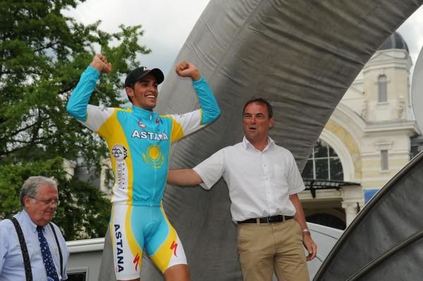 Alberto Contador (Astana) celebrates on the podium