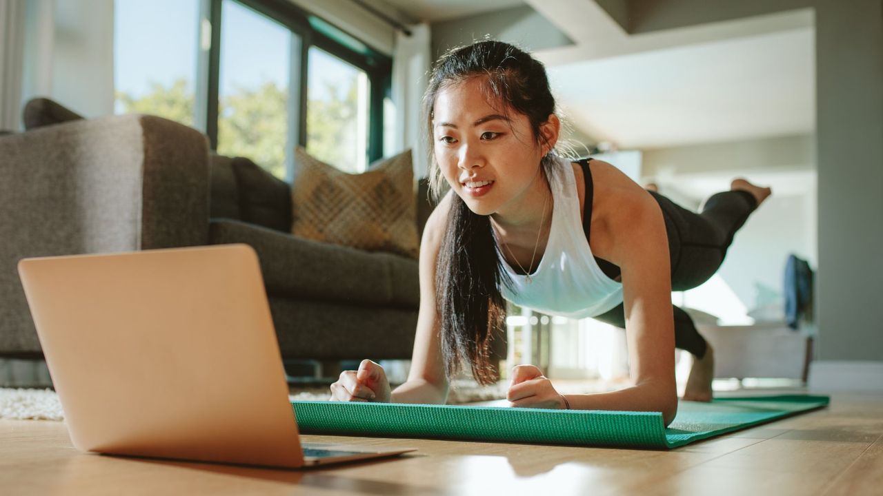 Calisthenics workout: A woman doing a plank at home