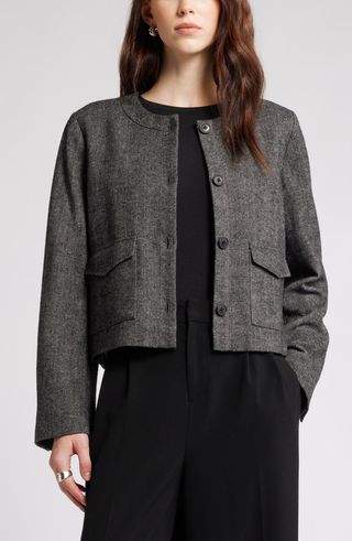 Collarless Herringbone Jacket