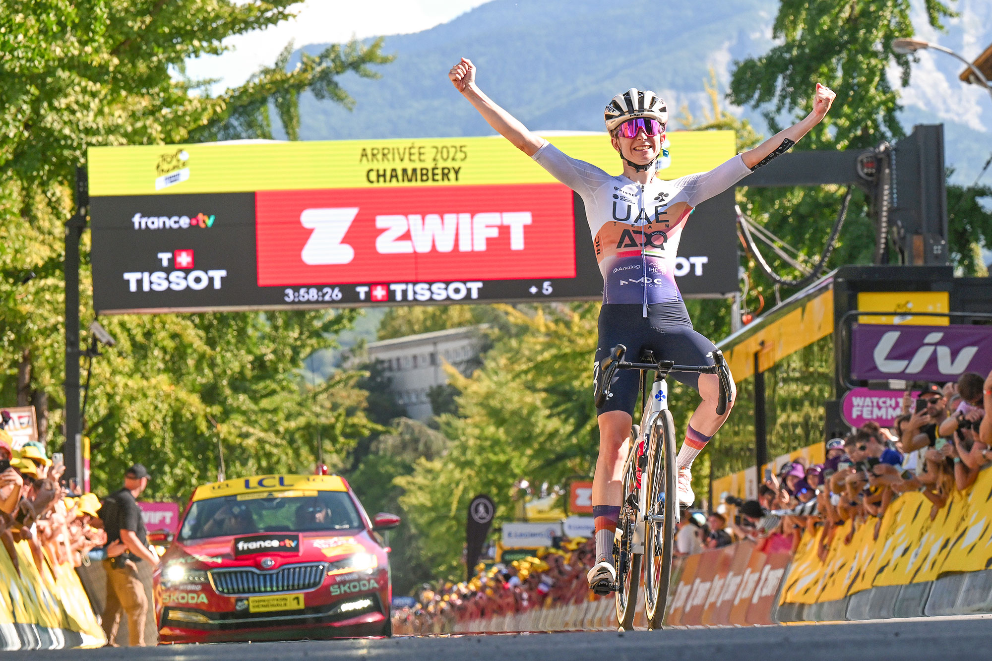 CHAMBERY, FRANCE - AUGUST 01: Maeva Squiban of France and UAE Team ADQ celebrates at finish line as stage winner during the 4th Tour de France Femmes 2025, Stage 7 a 159.7km stage from Bourg-en-Bresse to Chambery / #UCIWWT / on August 01, 2025 in Bourg-en-Bresse, France. (Photo by Szymon Gruchalski/Getty Images)