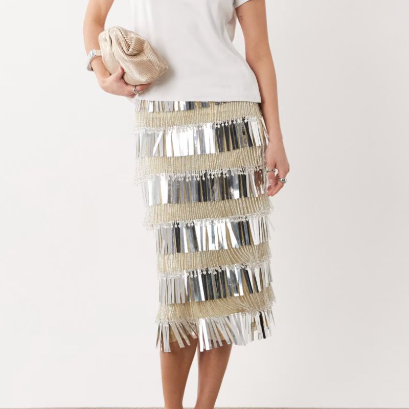 ASOS , Fringe Embellished Midi Skirt in Silver
