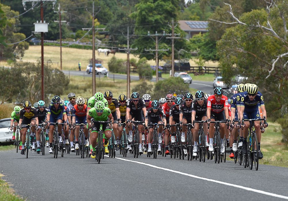 The peloton competes in the second stage of the Tour Down Under from Stirling to Paracombe