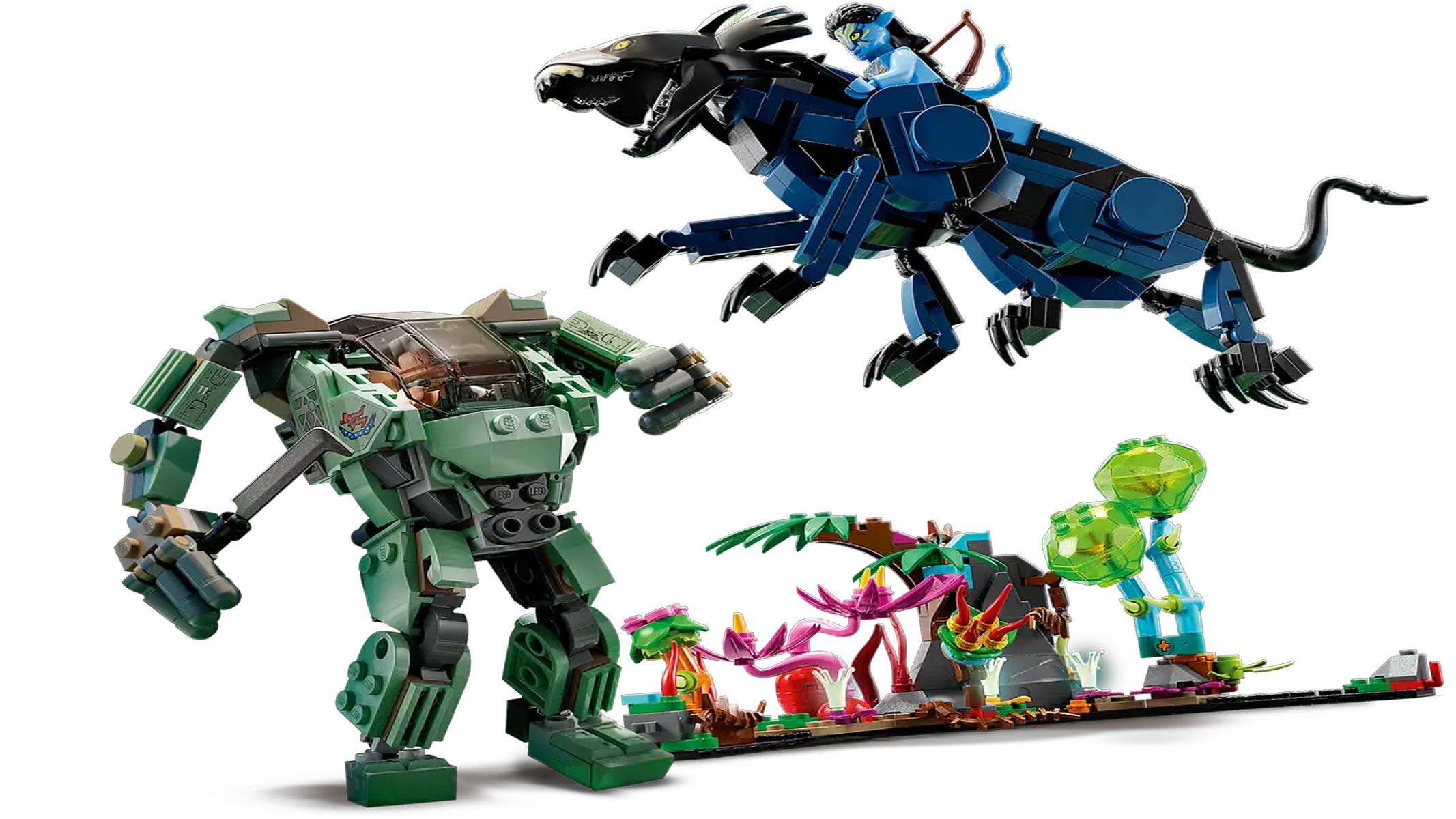 A brick-built animal with four legs is leaping over some brick-built plants towards a brick-built mech armor suit.