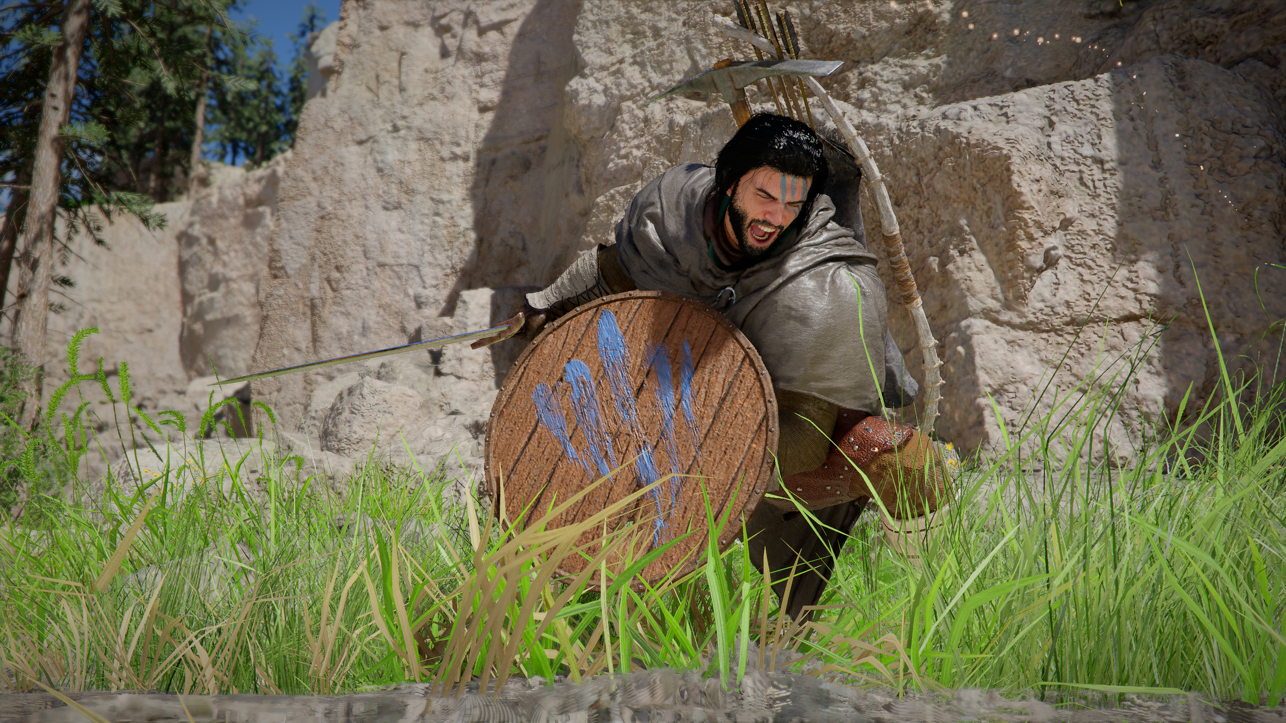 Crimson Desert skills: Kliff screaming with his eyes closed after doing a slicing dodge attack in a grassy environment.