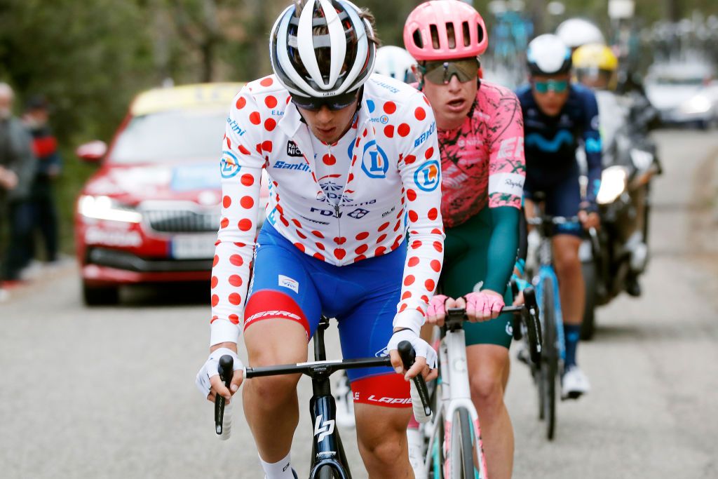 AUBAGNE FRANCE MARCH 11 Valentin Madouas of France and Team Groupama FDJ polka dot mountain jersey competes in the breakaway during the 80th Paris Nice 2022 Stage 6 a 2136km stage from Courthzon to Aubagne ParisNice WorldTour on March 11 2022 in Aubagne France Photo by Bas CzerwinskiGetty Images