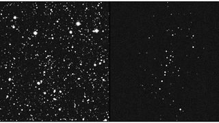 a split screen of black space. on the left, many stars are scattered. on the right, fewer, fainter stars are scattered mostly in the center, but no on the sides. 