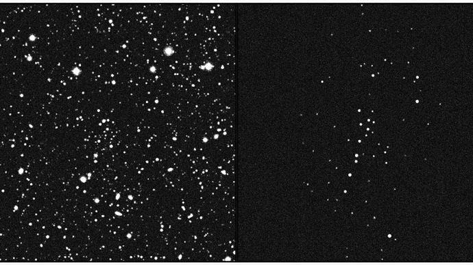 a split screen of black space. on the left, many stars are scattered. on the right, fewer, fainter stars are scattered mostly in the center, but no on the sides. 