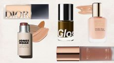 a selection of foundations for oily skin from Dior, Jones Road, Glossier, Estee Lauder and Sculpted by Aimee, pictured on a beige backdrop with spills of foundation