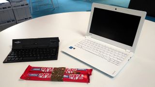 The Ideapad is roughly three times the size of the Battop keyboard (or 12 KitKat Chunky bars)