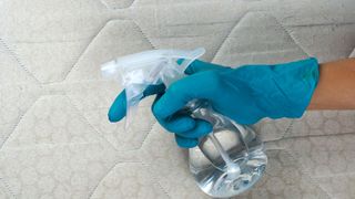 A blue rubber-gloved hand holds a spray bottle aloft a dirty mattress