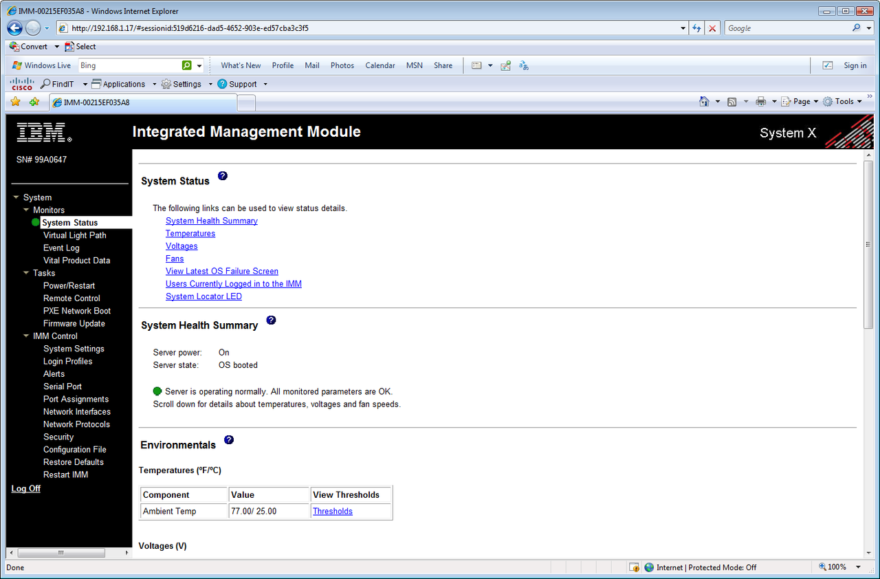 The server has an embedded IMM which provides web browser access for remote management.