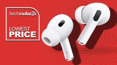 Apple AirPods Pro 2 on red TechRadar background with Lowest Price badge