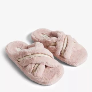 pale pink crossover fluffy slippers with jewelled trim