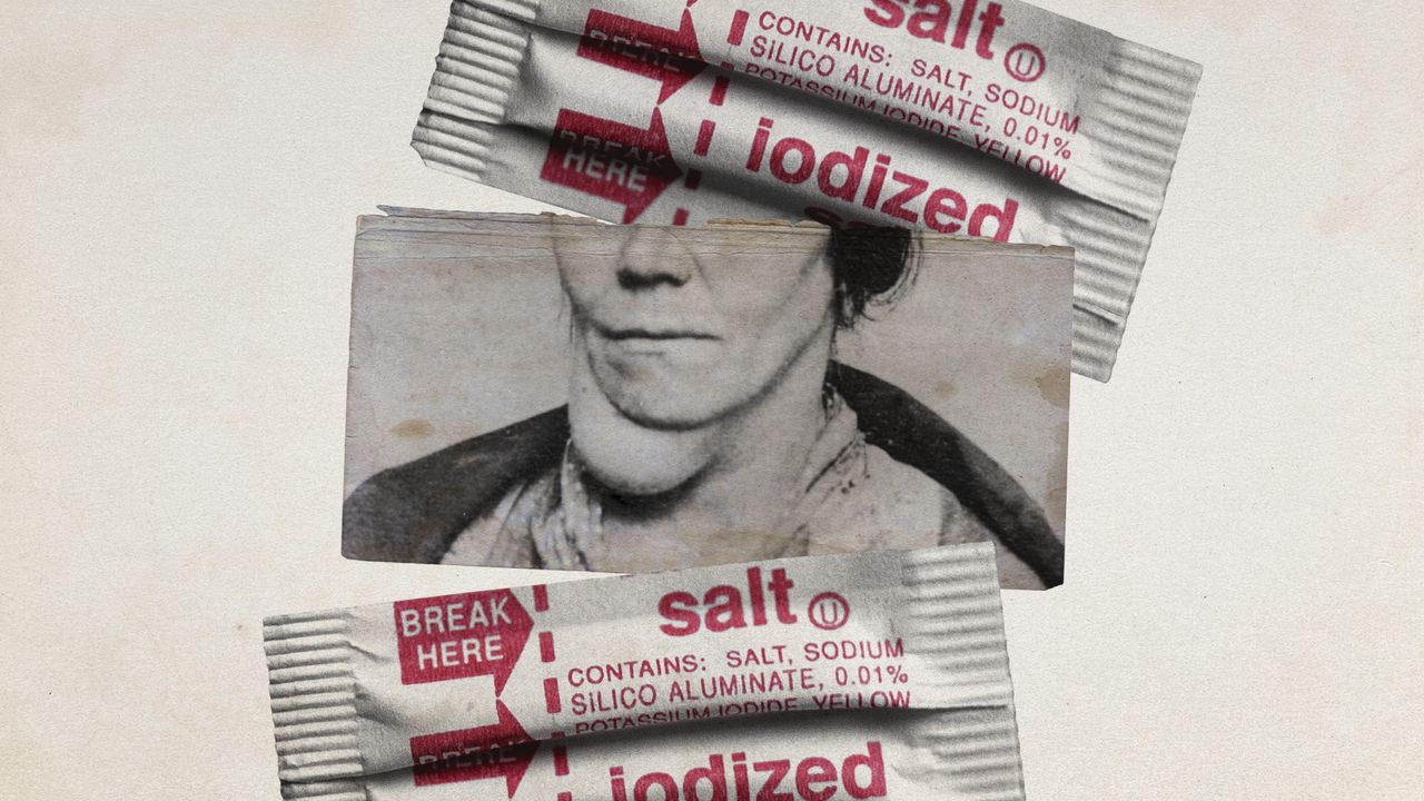 Photo collage of iodised salt packets and a vintage photo of a woman with a goitre.