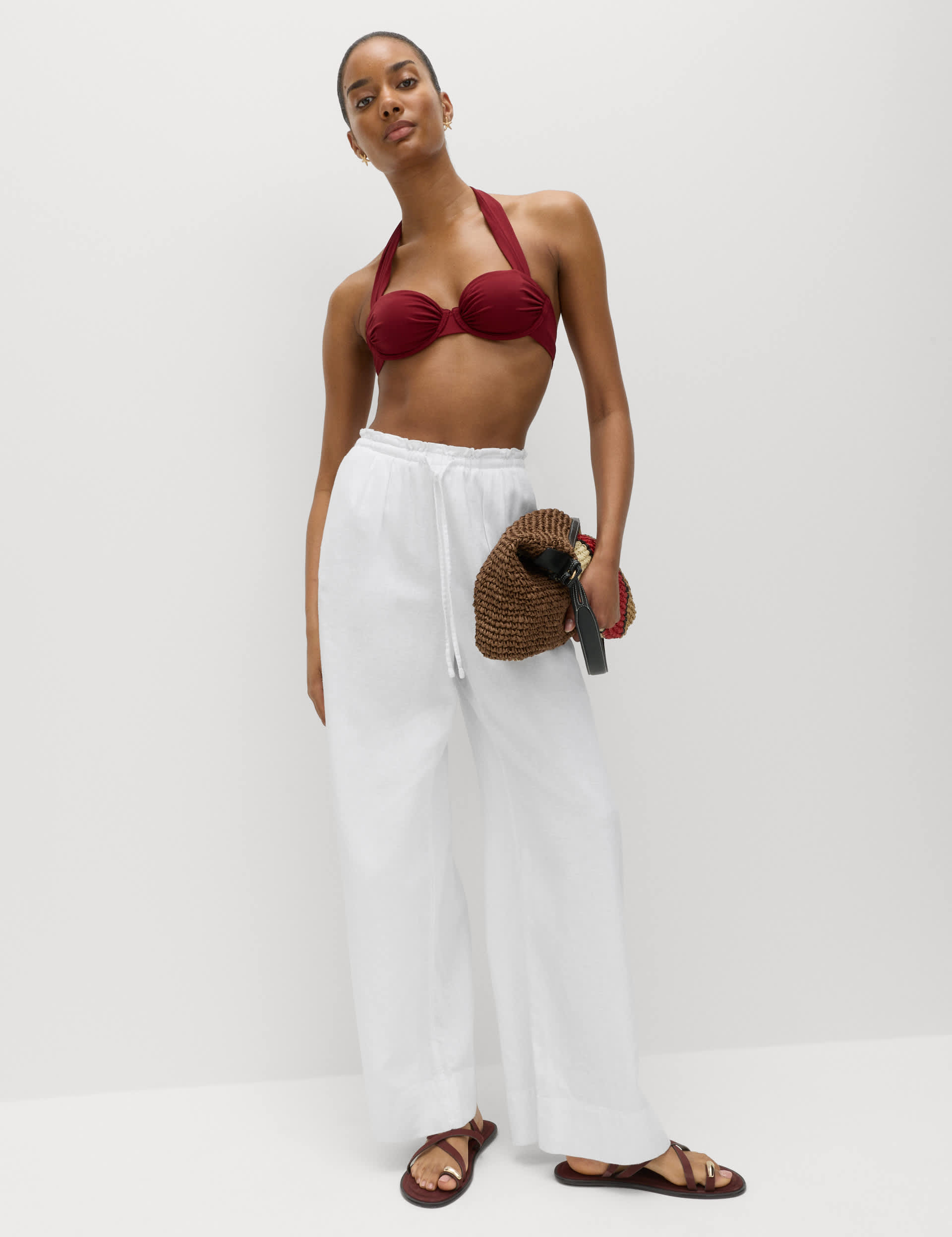Linen Rich Drawstring Wide Leg Trousers