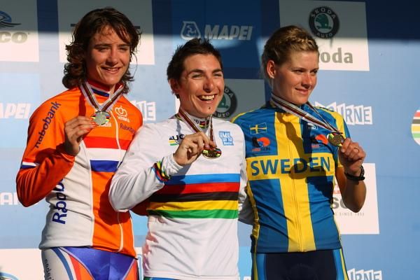 The medallists in 2010 - Marianne Vos (Netherlands), Giorgia Bronzini (Italy), Emma Johansson (Sweden) on the podium