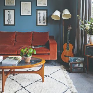 A blue-painted living room with a velvet sofa in a terracotta shade and a berber-style rug