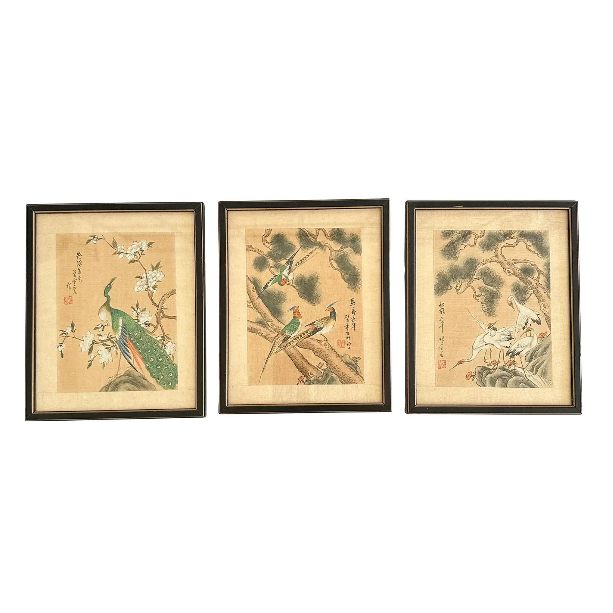 Early 20th Century Set of 3 Chinese Watercolor Paintings on Silk With Bird Motifs