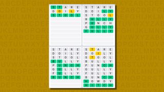 Quordle daily sequence answers for game 659 on a yellow background