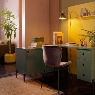 Home office layout ideas with green corner desk