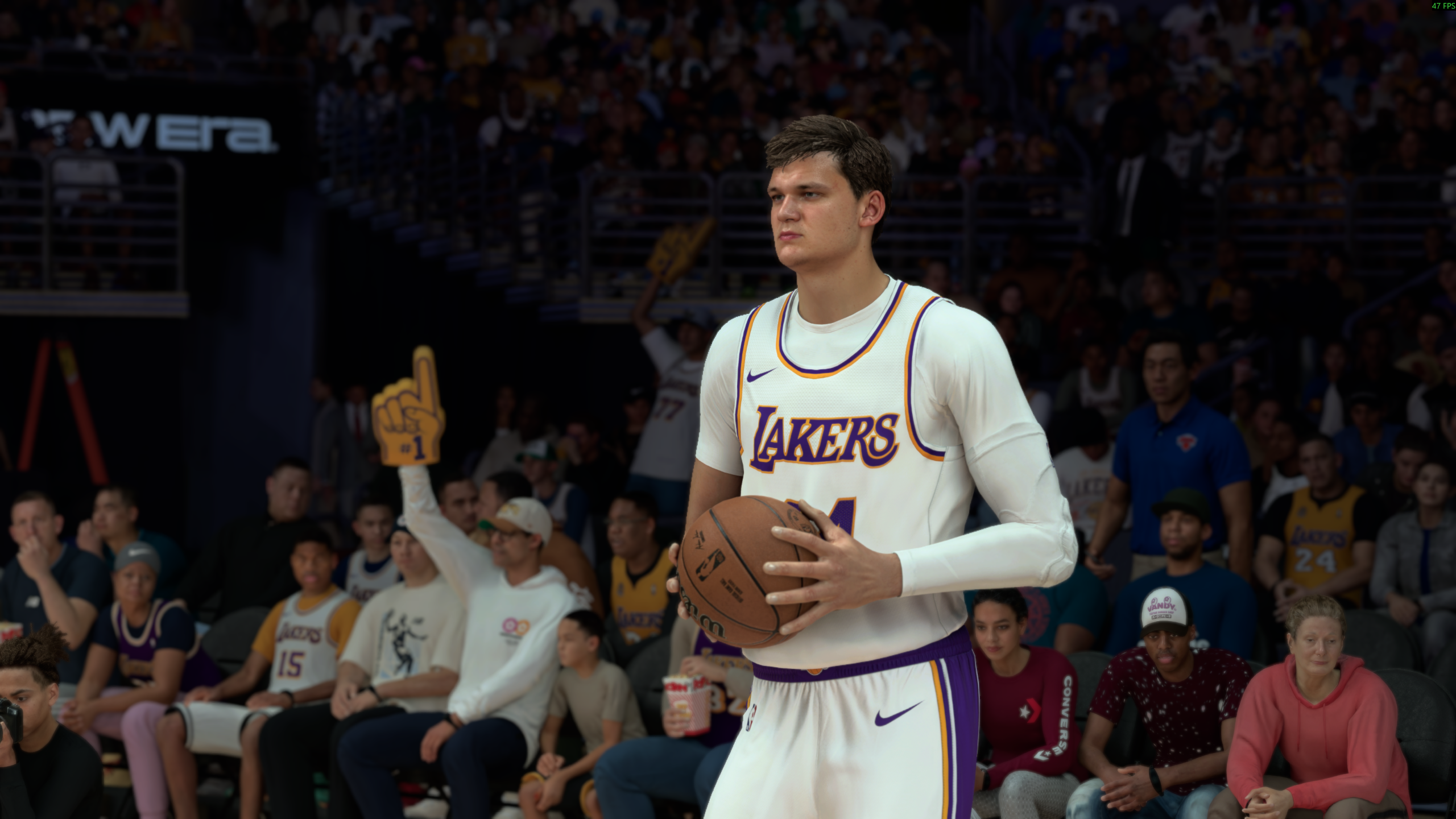 An LA Lakers player in NBA 2K27 with DLSS 5 switched on