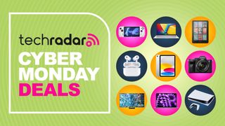 Assorted products on green background with techradar cyber monday deals text overlay