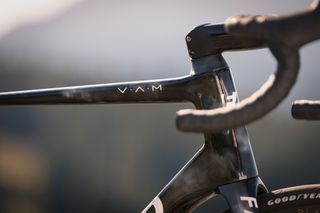 Detail of Factor O2 VAM climbing bike showing new top tube and head tube shape