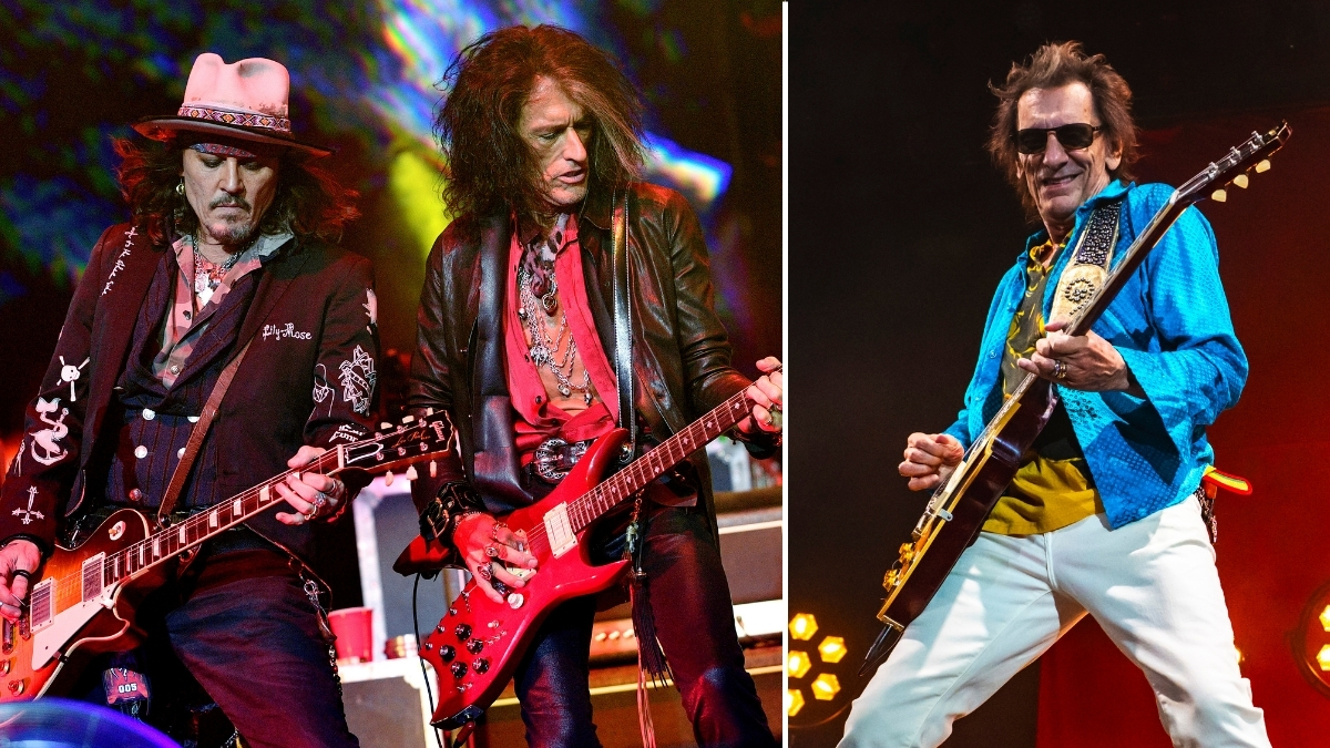 The Hollywood Vampires guitarists Johnny Depp and Joe Perry with Ronnie Wood 