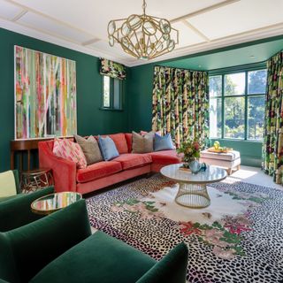 colourful living room with velvet sofa