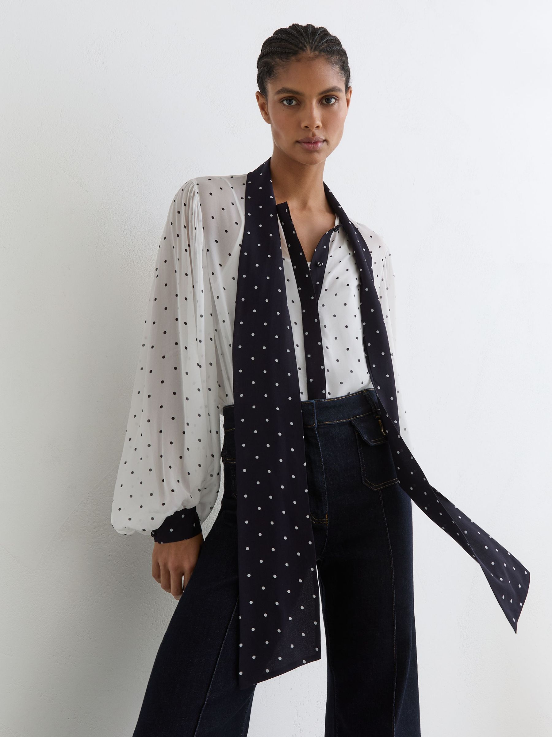 Polka-Dot Tie-Neck Blouse in Ivory/navy - Size 4