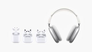 Apple AirPods 2, AirPods 3, AirPods Pro 2 and AirPods Max on a white background