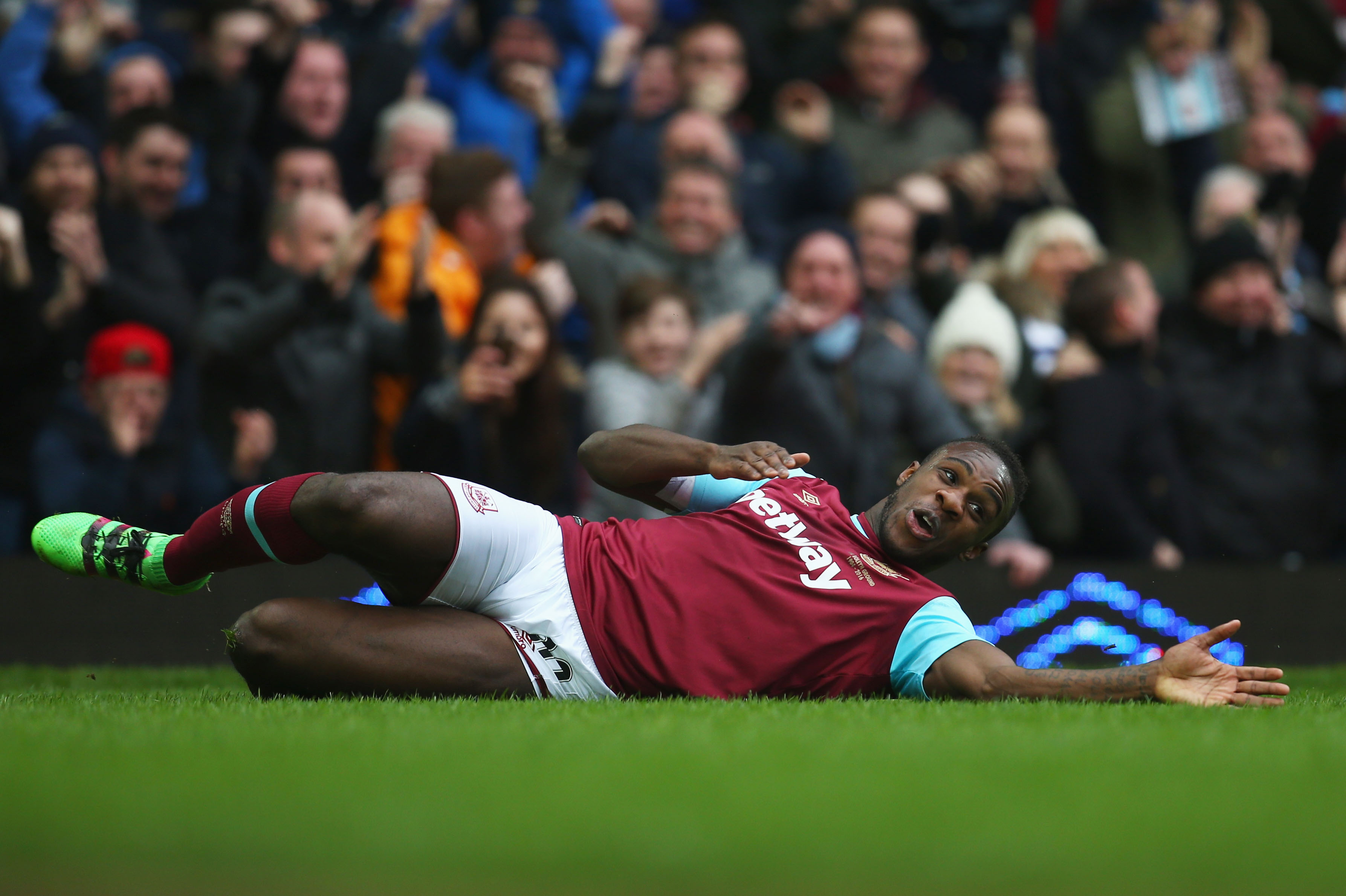 Michail Antonio of West Ham United celebrates scoring his team's first goal during the Barclays Premier League match between West Ham United and Sunderland at Boleyn Ground on February 27, 2016 in London, England.