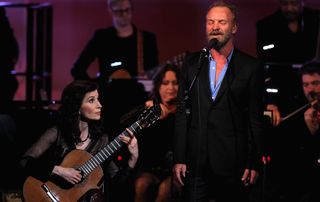 Sharon Isbin (left) and Sting perform in New York City on November 4, 2015