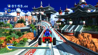 Modern Sonic rides a bob sled in Ocean Palace from Sonic Heroes in Sonic Generations