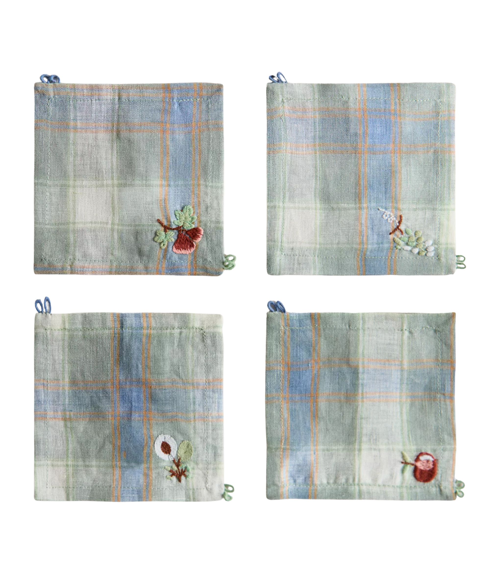 Embroidered Check Linen Coasters
