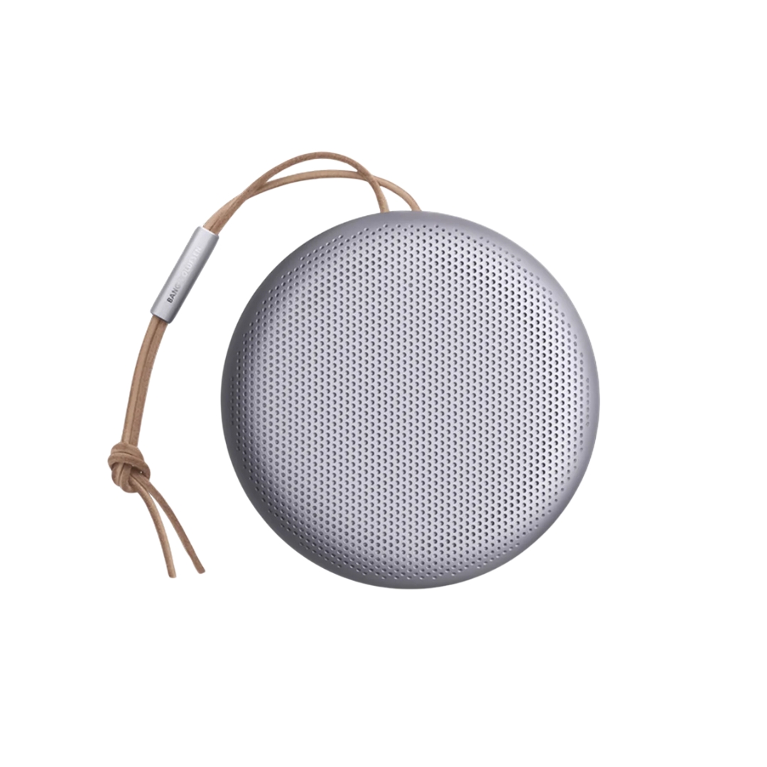 Beosound A1 2nd Gen Bluetooth Speaker in silver grey with leather string.