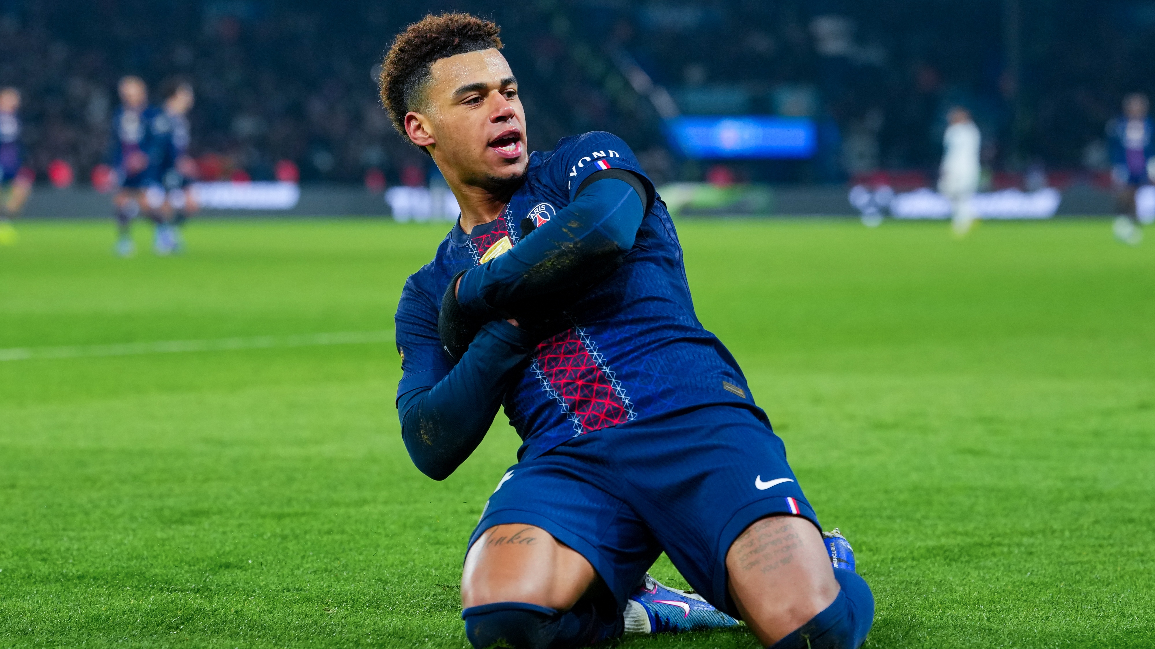 Desire Doue of PSG celebrates after scoring his team's first goal during the Ligue 1 McDonald's match between Paris Saint-Germain FC and Paris FC at Parc des Princes on January 04, 2026 in Paris, France. 
