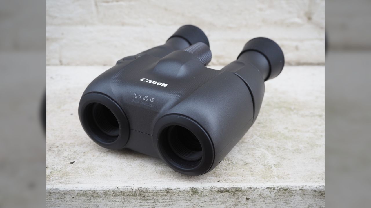 Close up Canon 10x20 IS Binoculars.