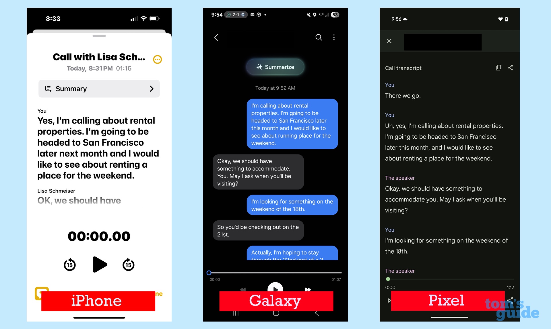 Transcribed phone call on iPhone 15 Pro galaxy s25 plus and pixel 9