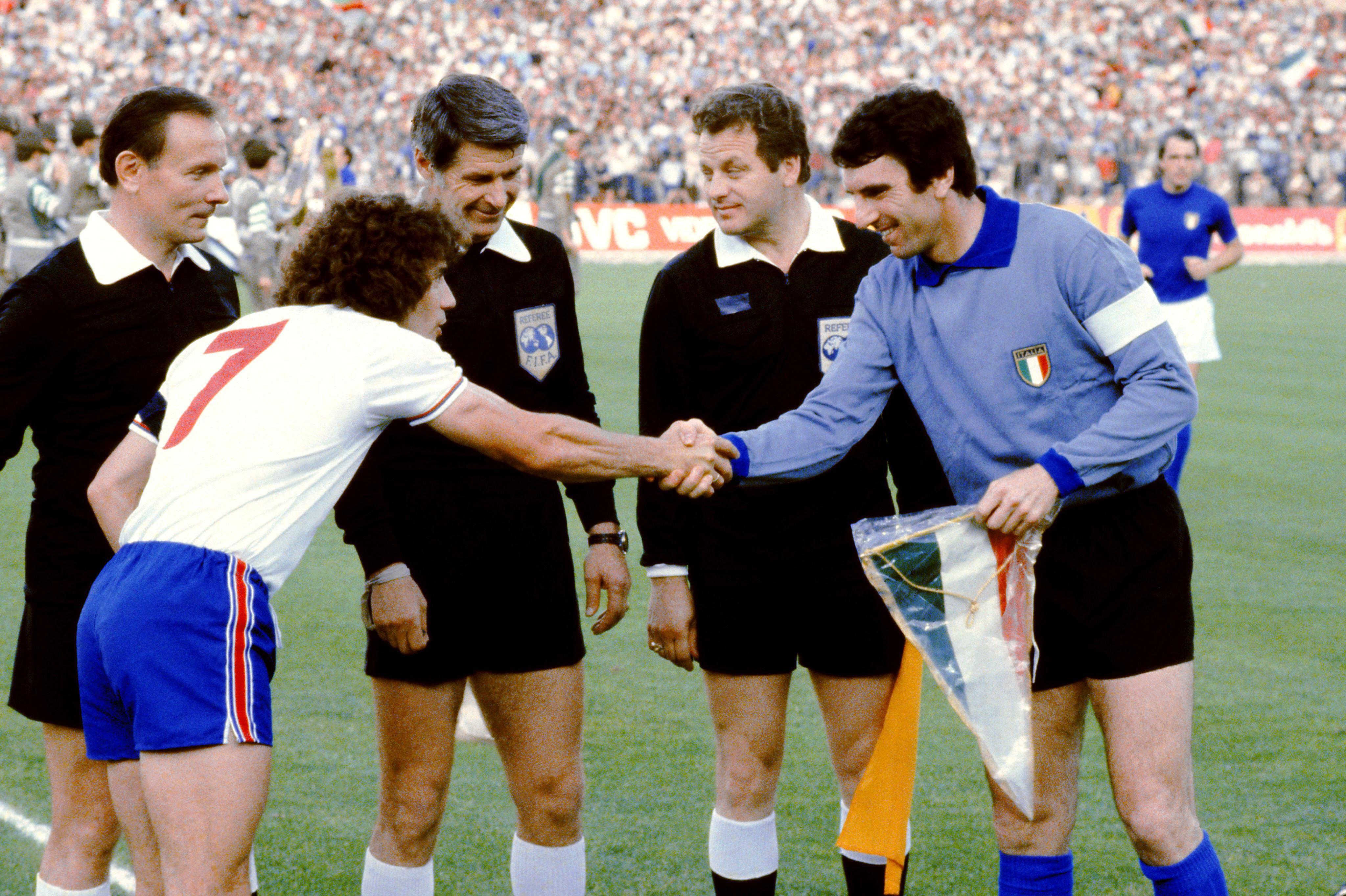 England captain Kevin Keegan shakes hands with Italy captain Dino Zoff ahead of their Euro 1980 group match