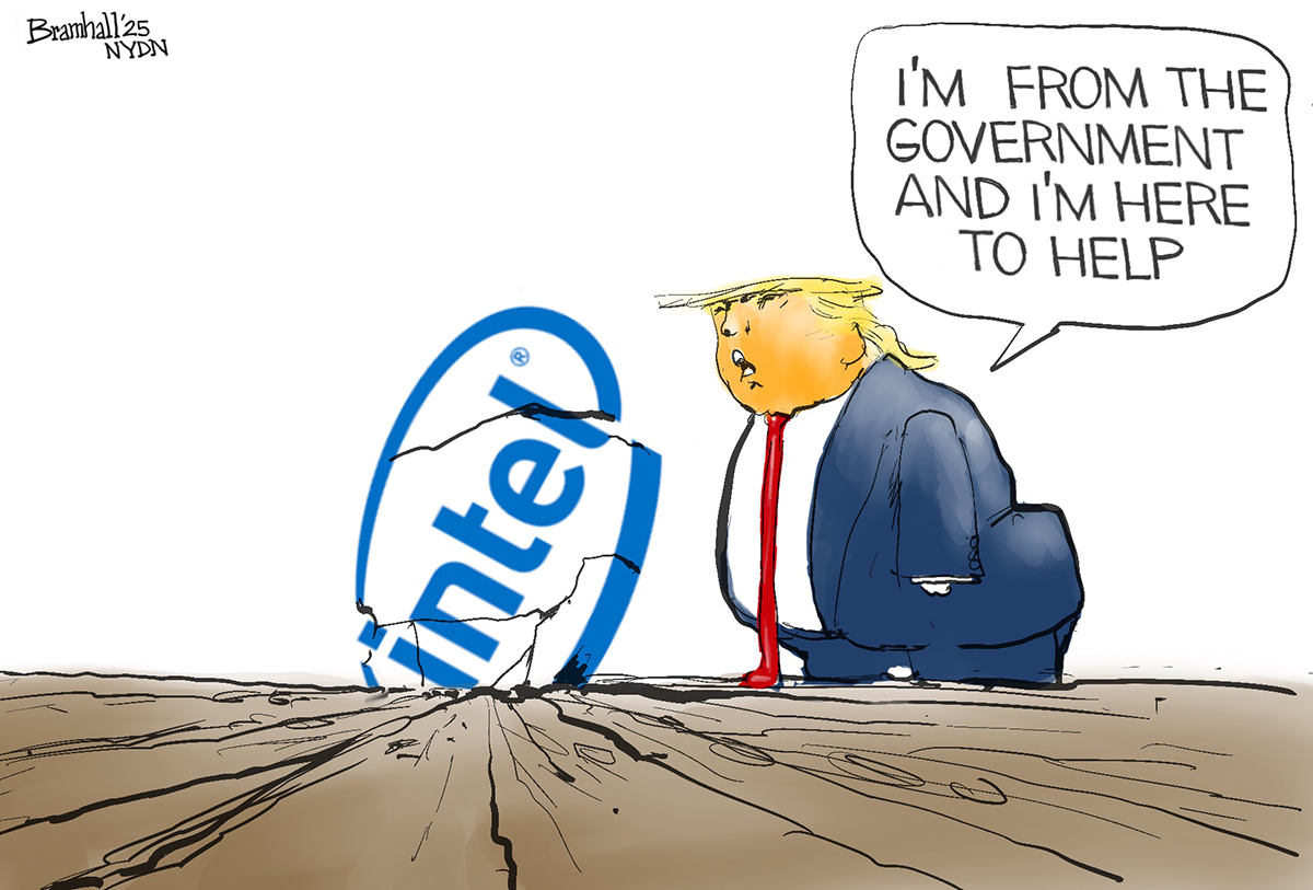 In this cartoon, an Intel logo has been cracked open and dropped into the ground. Donald Trump leans over and says, &amp;ldquo;I&amp;rsquo;m from the government and I&amp;rsquo;m here to help.&amp;rdquo;
