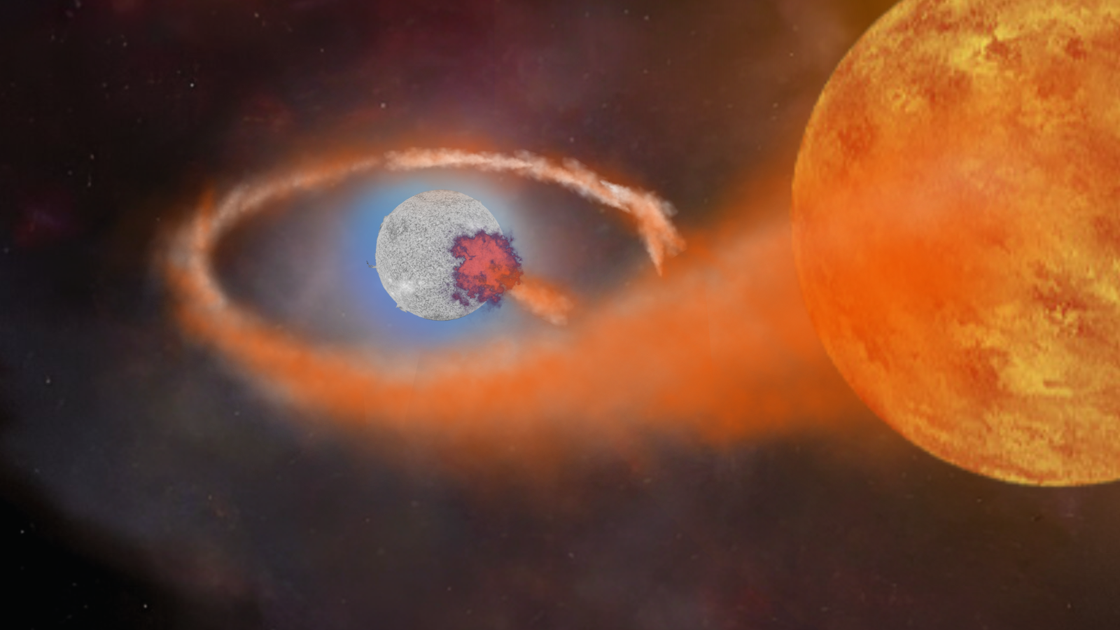 A large orange sphere next to a smaller silver sphere, a trail of orange smoke connects them