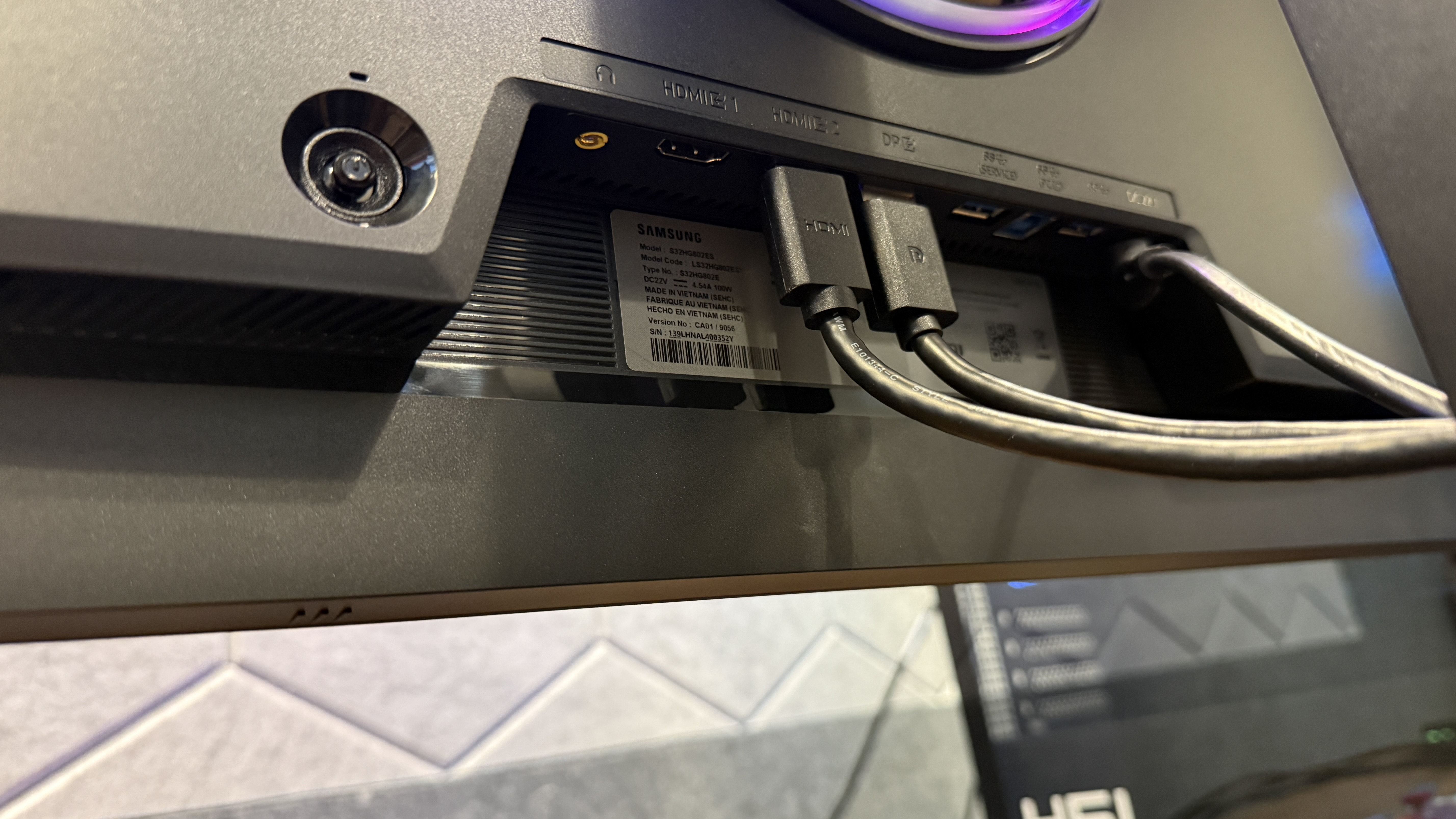 The ports on the backside of the Samsung Odyssey G8 (G80HS) gaming monitor