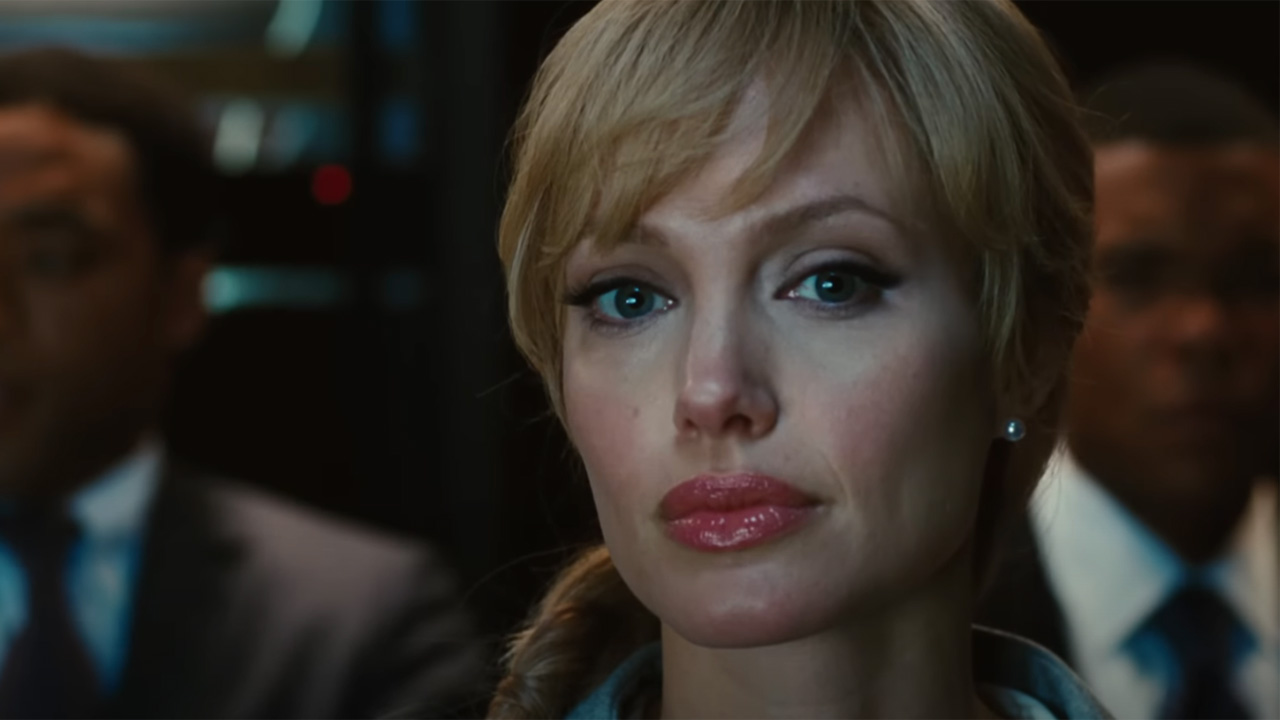 Angelina Jolie in the salt trailer, blonde hair.