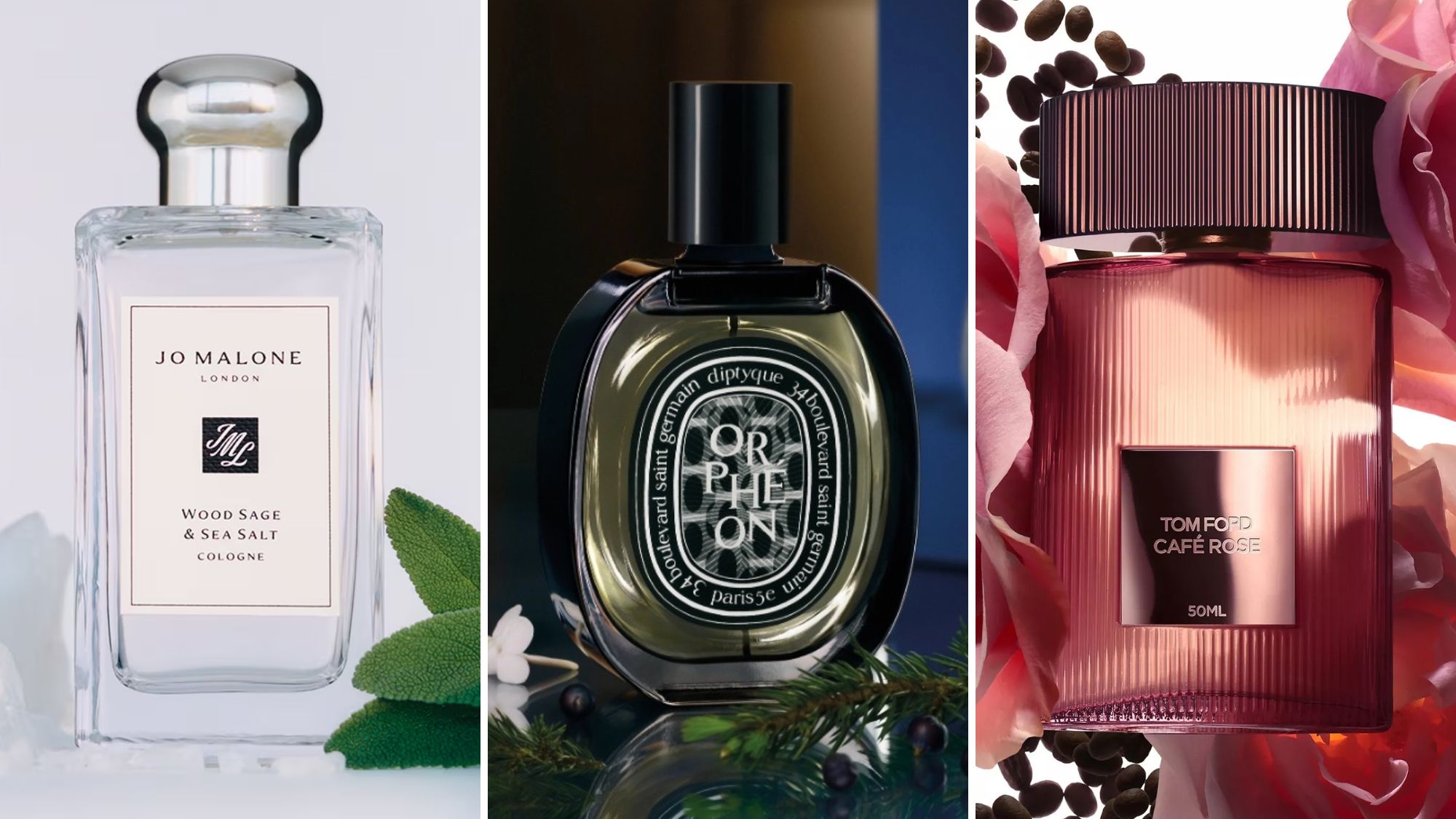 A selection of the best perfume for women 2026, including Jo Malone Wood Sage &amp; Sea Salt, Tom Ford Cafe Rose and Diptyque Orph&eacute;on