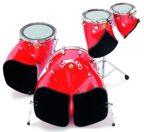 The distorted, horn-shaped drums are a unique feature of the Staccato kit