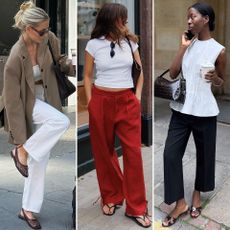 fashion collage featuring style influencers Fredrika Ekerot, Kim Turkington, and Sylvie Mus wearing chic summer 2026 shoe trends like woven flats, flip-flops, and kitten-heel sandals 