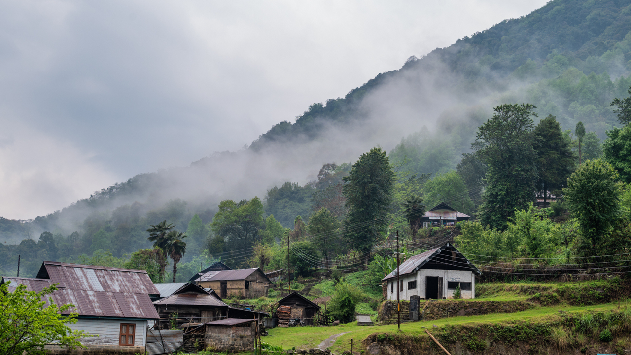 Houses in the hills and valley of the state of Nagaland in India.